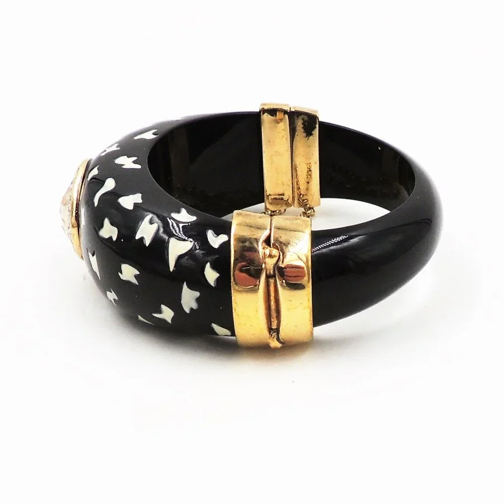 Vintage 1980s Italian Black Spotted Rhinestone Cuff Bracelet - Picture 10 of 11